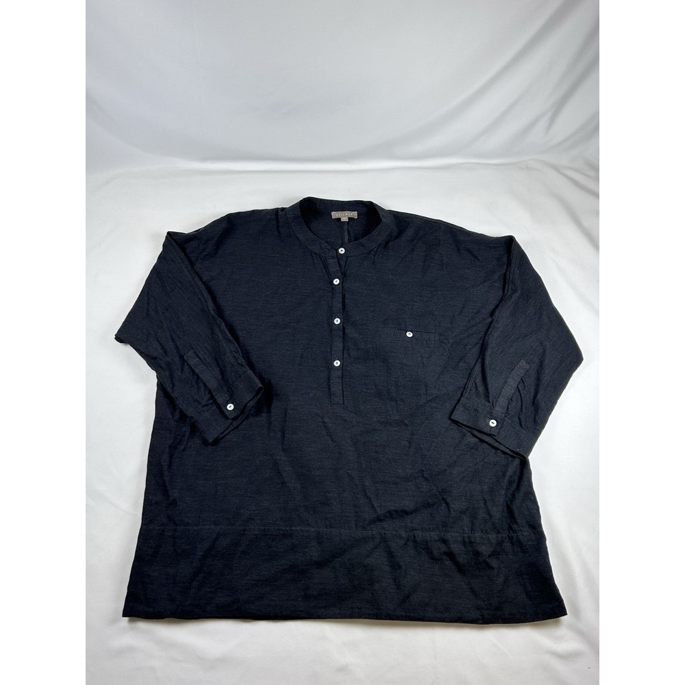 Lilla P Women's L Black Top Half Button Front‎ Pocket Long sleeve 100% Cotton